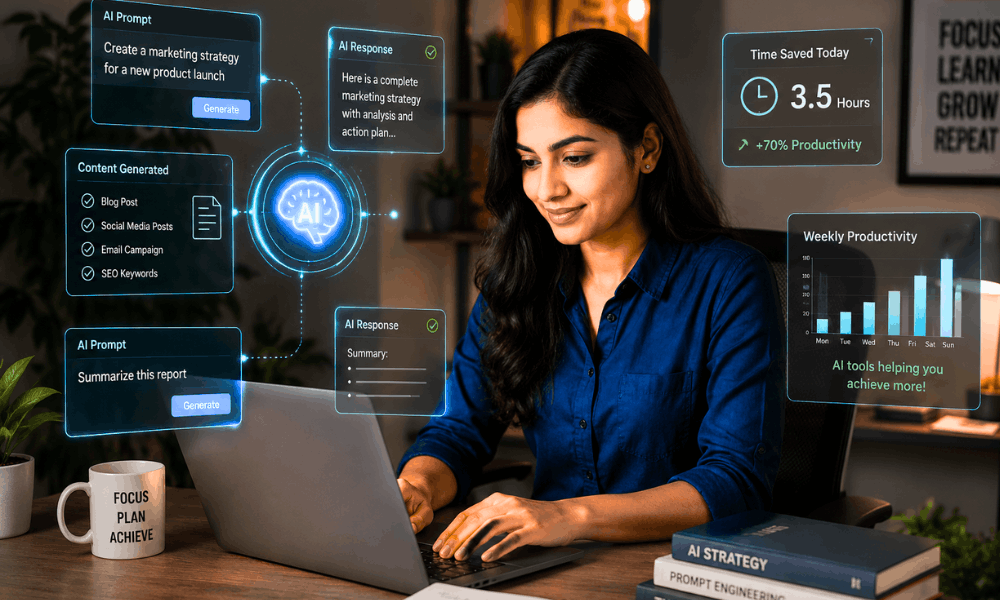 free ai prompt engineering course with certificate productivity boost 2026 woman using AI at work.