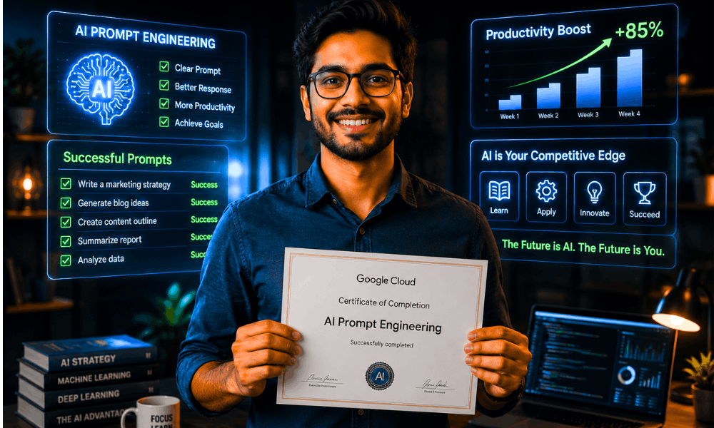 free ai prompt engineering course with certificate success man holding certificate 2026.