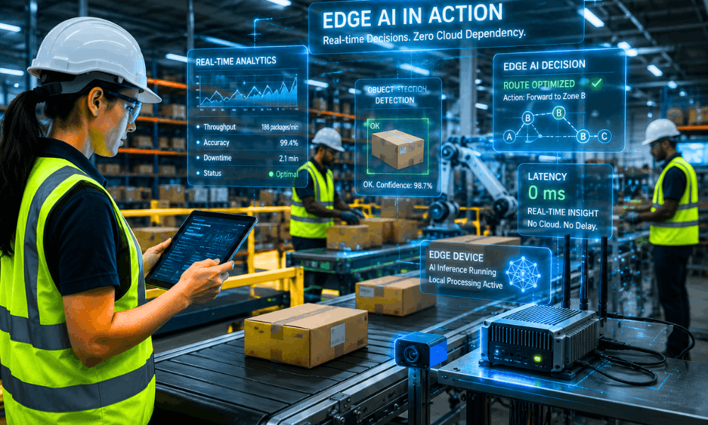 Future of AI automation in business: Edge AI for real-time warehouse and factory decisions with zero latency.
