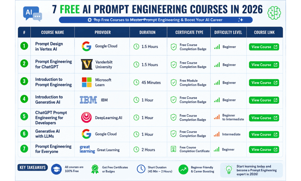 7 free AI prompt engineering courses with certificate comparison table 2026 Google Microsoft IBM Vanderbilt DeepLearning Great Learning.