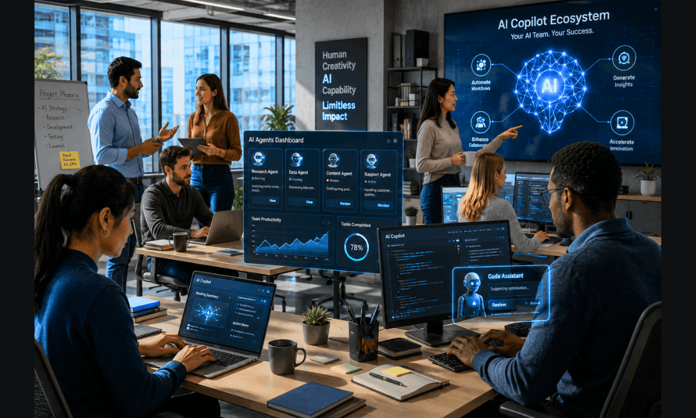 What is the future of AI automation in business? - Hybrid team working with AI copilots and agents