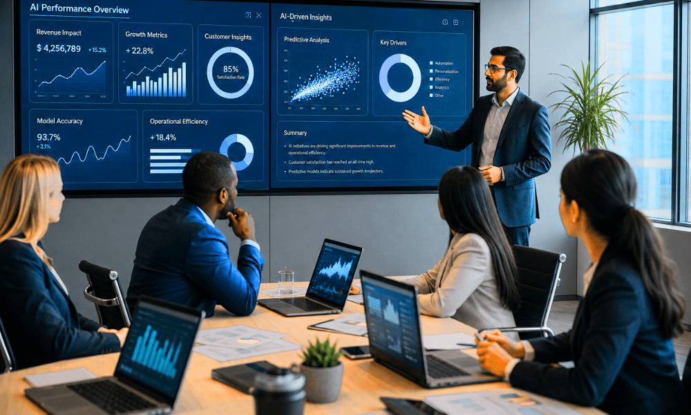 Business leaders reviewing AI analytics dashboards in modern meeting room – best AI courses for business leaders free.