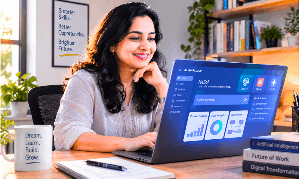 No Coding Required: Complete AI Career Roadmap for 2026 6 AI career roadmap for non technical professionals – confident professional using AI tools for career growth.