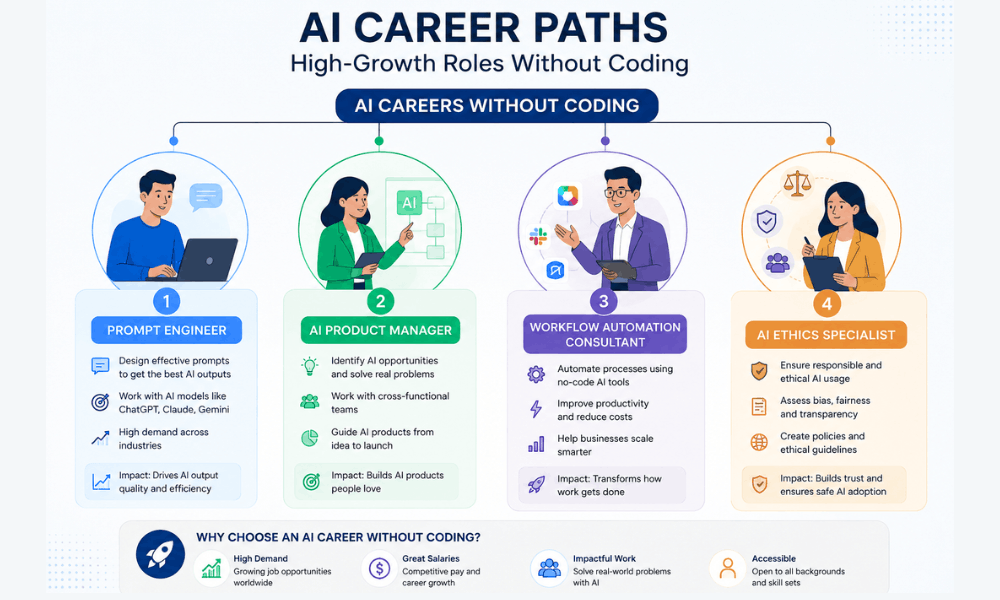 How to Build a High-Paying AI Career Without Any Coding Skills (2026 Guide) 3 How to build an AI career without coding – high-growth AI roles overview.