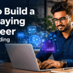 Professional working confidently on a laptop with AI interface elements, representing how to build an AI career without coding in 2026.