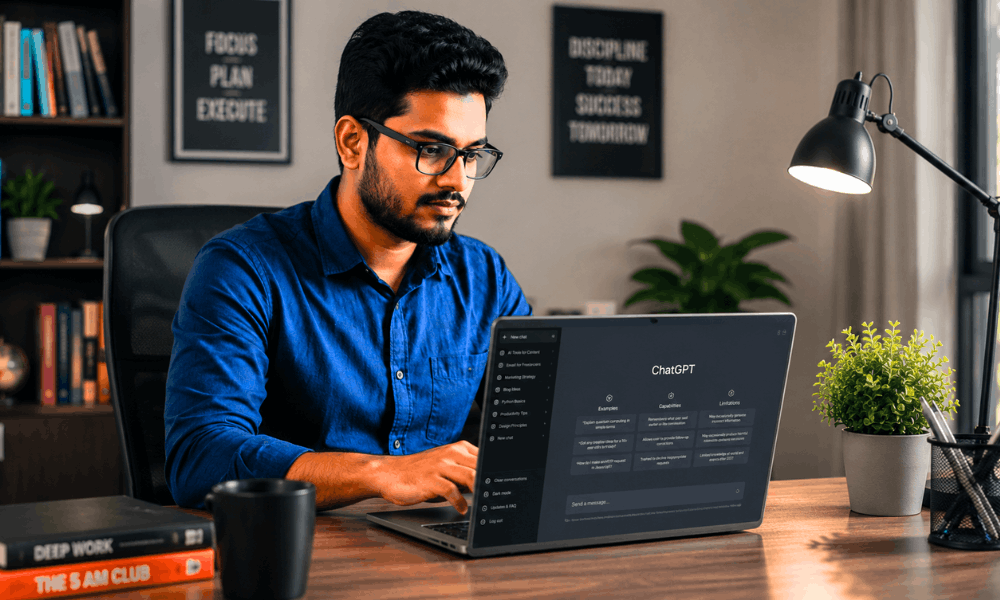 How to Build a High-Paying AI Career Without Any Coding Skills (2026 Guide) 2 How to build an AI career without coding – young professional using ChatGPT