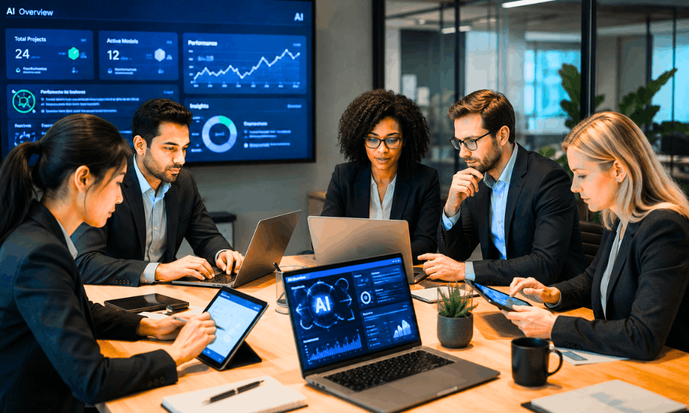Business professionals using AI tools in meeting – best AI course for business professionals.