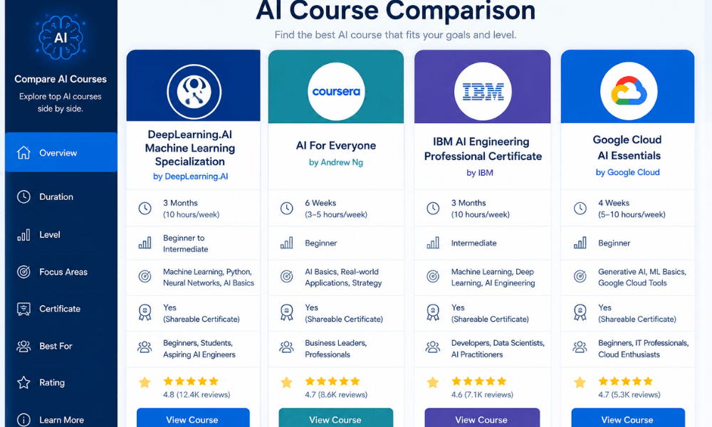 AI course comparison chart for business professionals – best AI course for business professionals.
