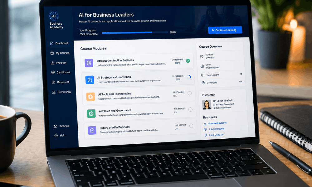 Online AI course interface for business leaders on laptop – best AI course for business professionals