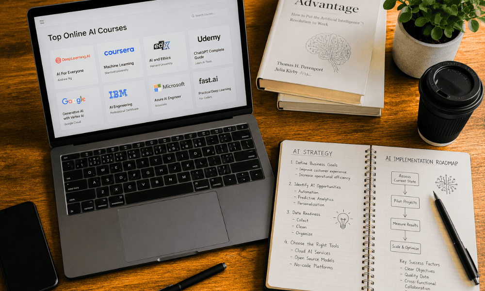 Laptop showing top online AI courses with notebook of AI strategy notes – best AI courses for business leaders free.