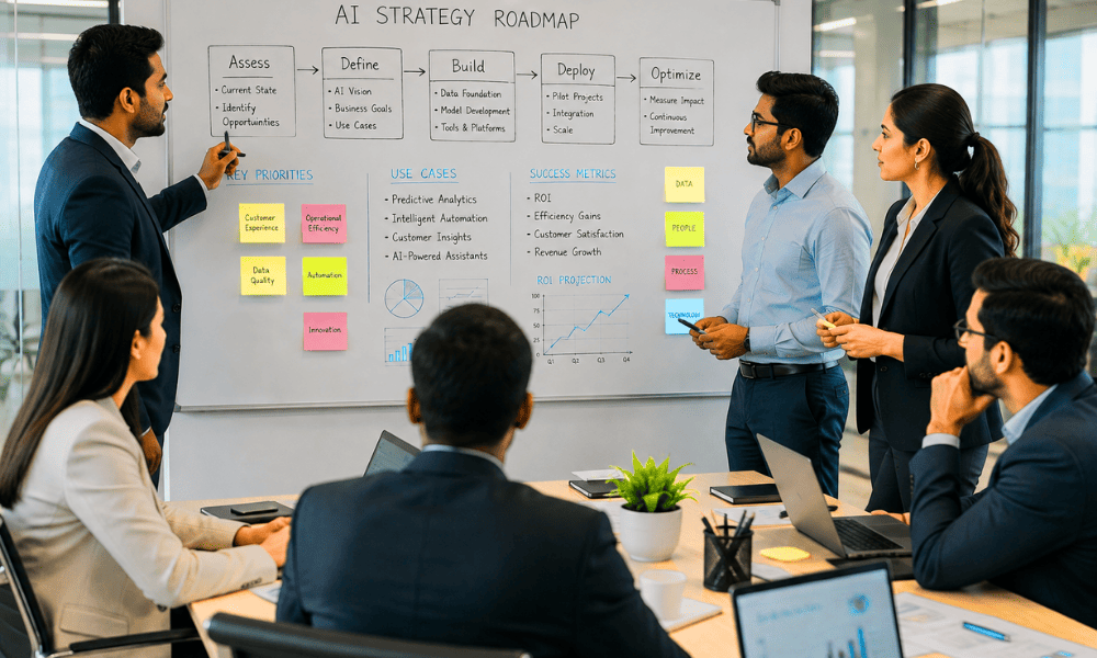 Business executives collaborating on AI strategy roadmap whiteboard – best AI courses for business leaders free.