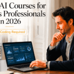 Business professional reviewing AI course options on laptop — best AI course for business professionals in 2026, no coding required.