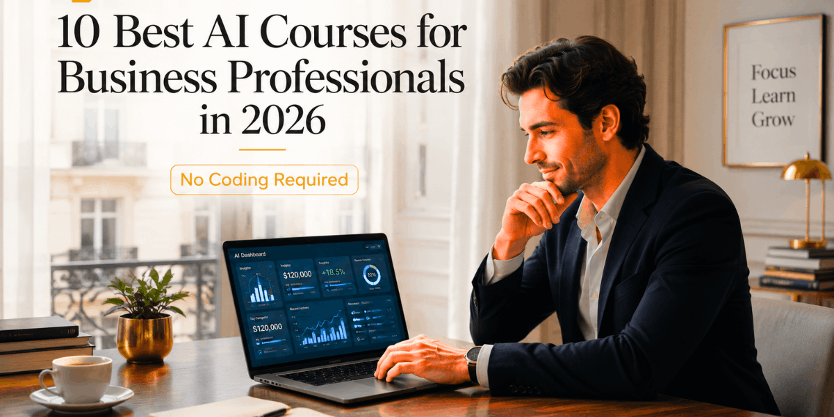 Business professional reviewing AI course options on laptop — best AI course for business professionals in 2026, no coding required.