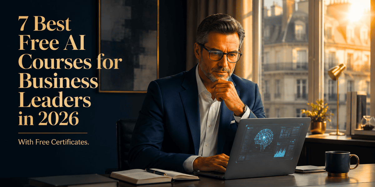 Business leader reviewing AI course options on laptop — best AI courses for business leaders free in 2026.