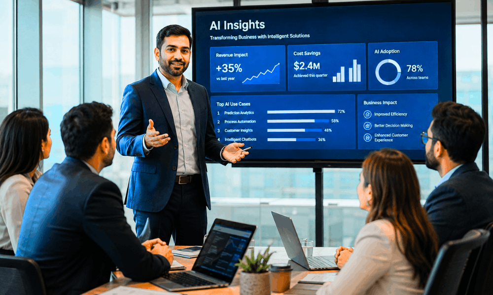 Business leader presenting AI insights to team – best AI course for business professionals.
