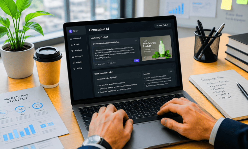 Business professional using generative AI tools on laptop for marketing content – best AI courses for business leaders free.