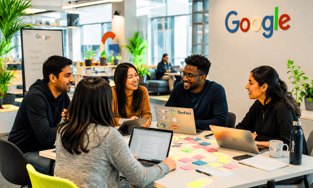 How to Get a Job at Google Without Coding: Best Non-Technical Career Paths (2026) 2 Diverse professionals collaborating in Google office - best non-technical career path at Google.