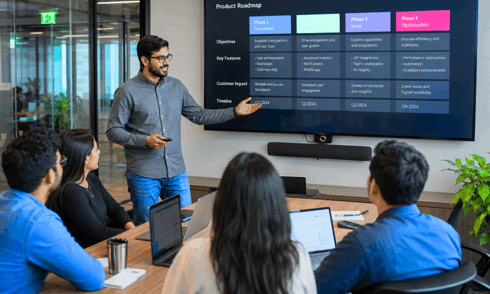 How to Get a Job at Google Without Coding: Best Non-Technical Career Paths (2026) 3 Product Manager presenting roadmap - best non-technical career path at Google.