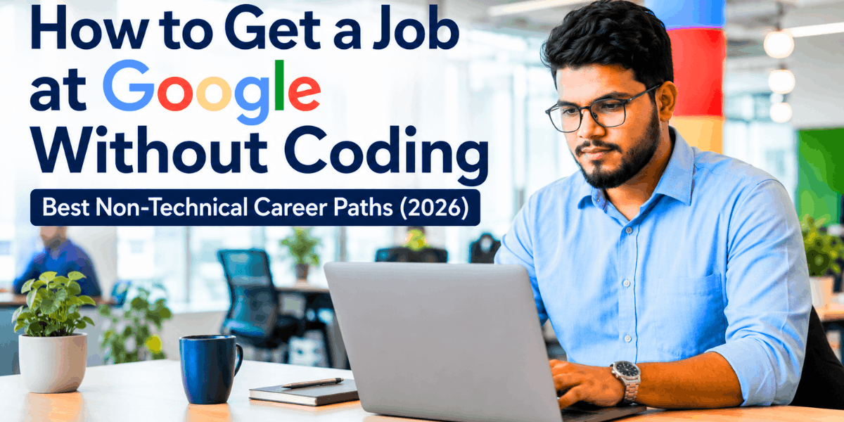 How to Get a Job at Google Without Coding: Best Non-Technical Career Paths (2026) 1 Professional working on laptop in modern office, representing non-technical career paths at Google in 2026.