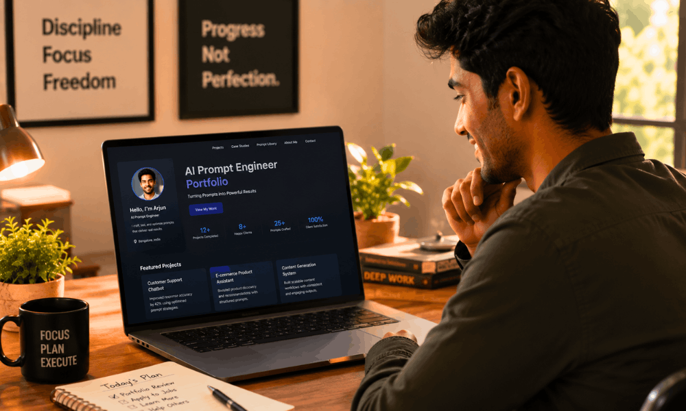 AI prompt engineer jobs remote no experience – reviewing completed prompt engineering portfolio on laptop.