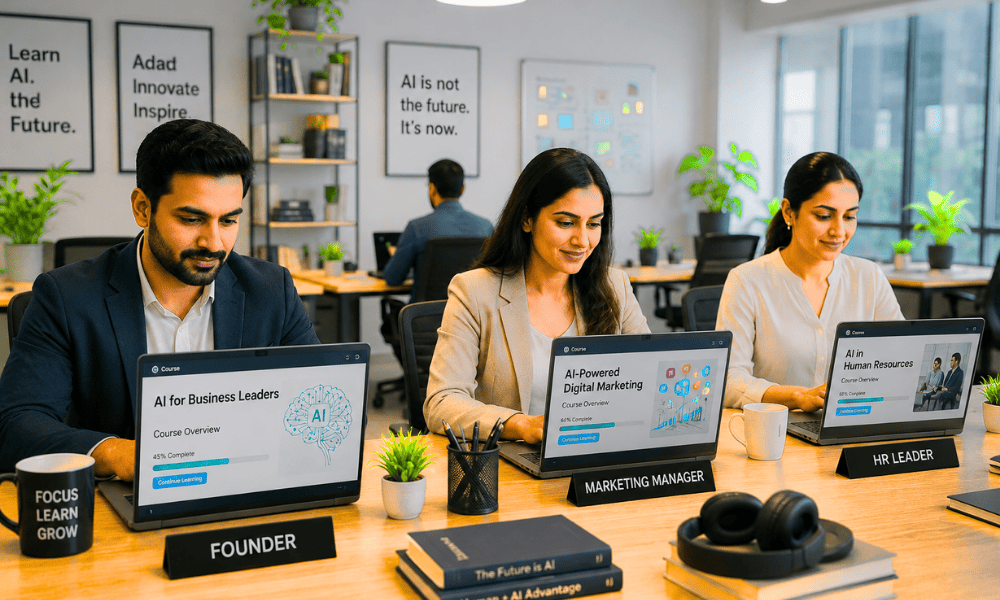 Founder, marketing manager and HR leader learning AI courses on laptops – best AI courses for business leaders free.