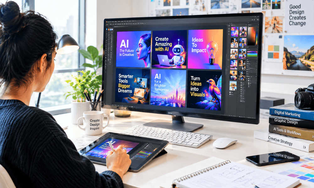 Most powerful free AI tools 2026 Canva and Leonardo AI design workspace with creative graphics.
