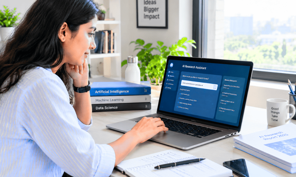 Most powerful free AI tools 2026 research with NotebookLM style AI assistant on laptop.