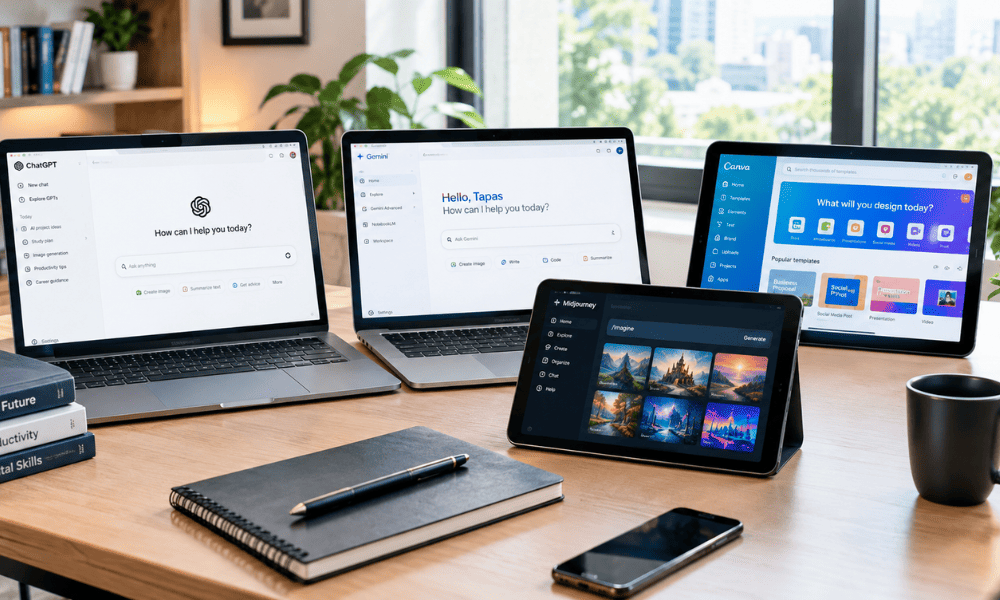 Most powerful AI tools free 2026 comparison workspace with ChatGPT Gemini Canva and Midjourney.