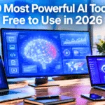 Person interacting with holographic AI interface representing most powerful ai tools free to use in 2026.