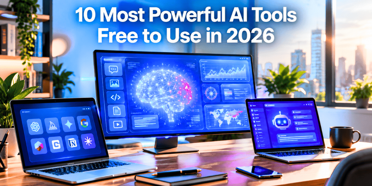 Person interacting with holographic AI interface representing most powerful ai tools free to use in 2026.